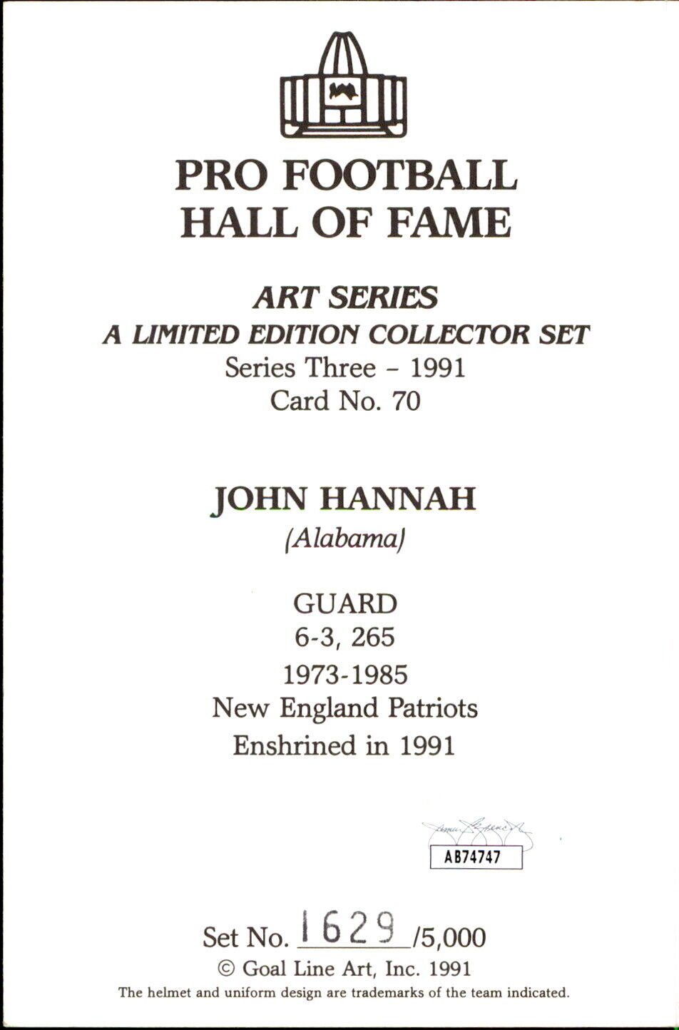 John Hannah HOF Autographed/Inscr Goal Line Art GLAC Postcard Patriots JSA