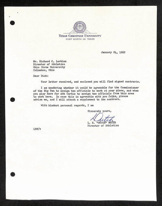 L.R. "Dutch" Meyer Signed 1962 TLS Letter Texas Christian University JSA 185581