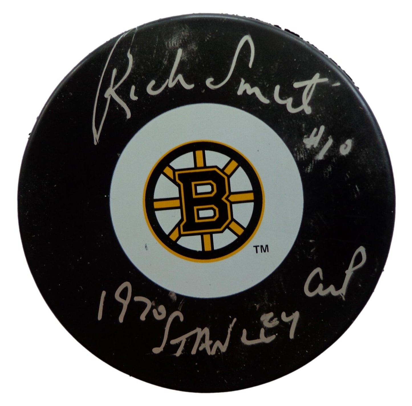 Rick Smith Autographed/Inscribed Boston Bruins Hockey Puck Beckett 181038