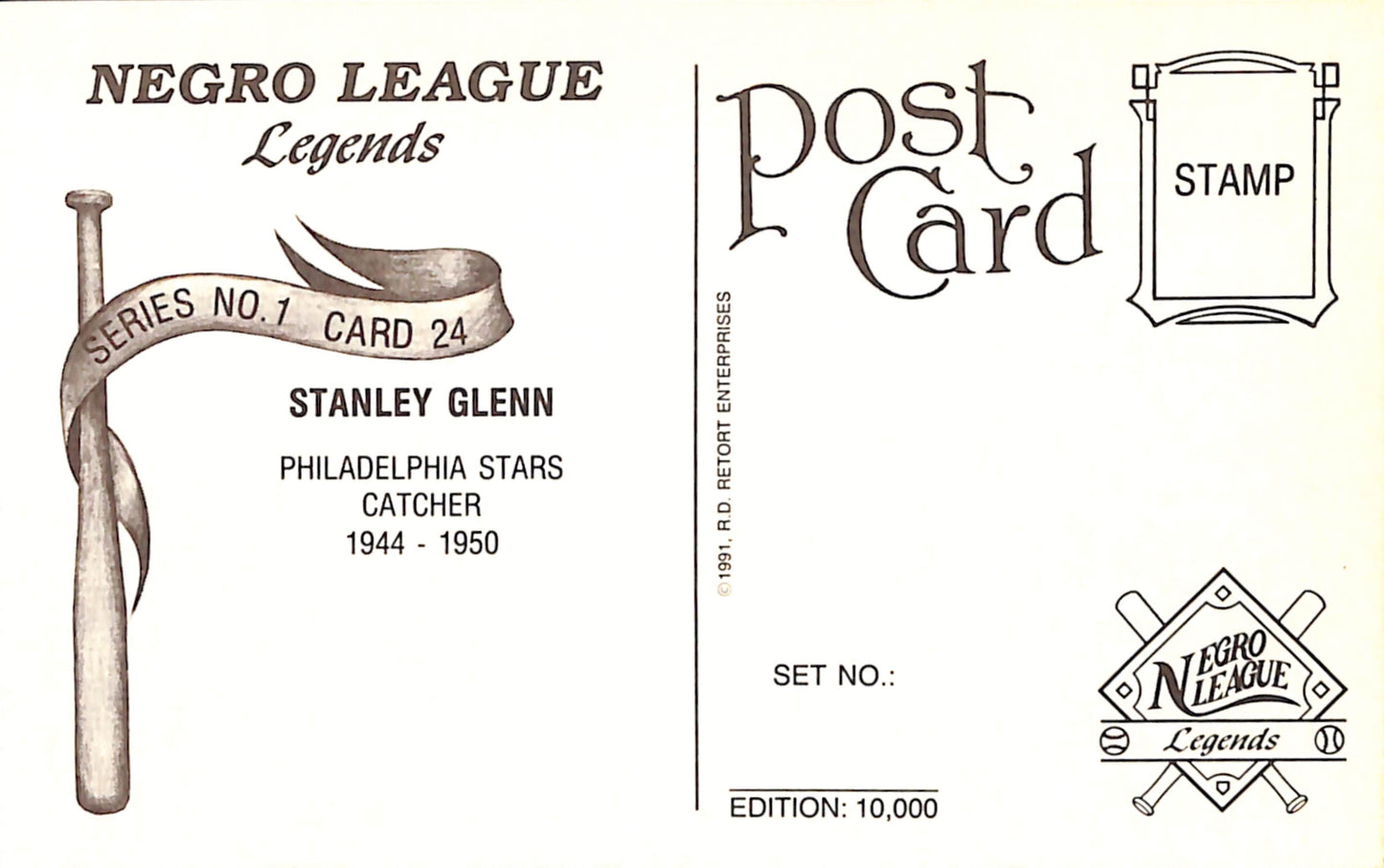 Stanley Glenn Signed 1991 Negro League Legends Post Card Stars 181276