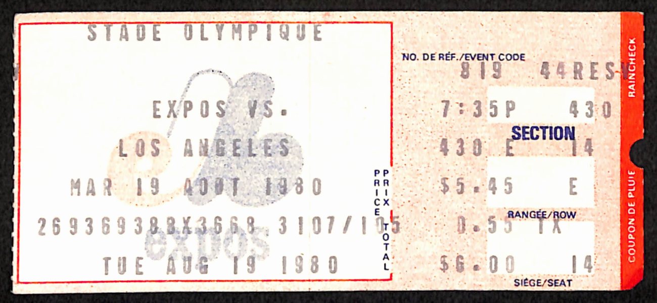 August 19, 1980 Los Angeles Dodgers vs. Montreal Expos Ticket Stub189893