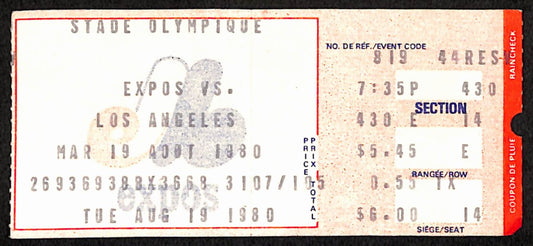 August 19, 1980 Los Angeles Dodgers vs. Montreal Expos Ticket Stub189893