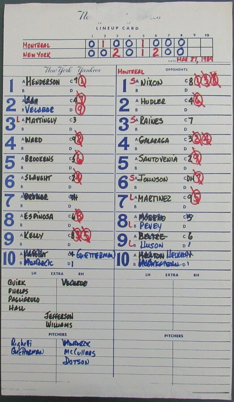 1989 New York Yankees Spring Training 9x15 Lineup Card vs.Expos Raines 150885