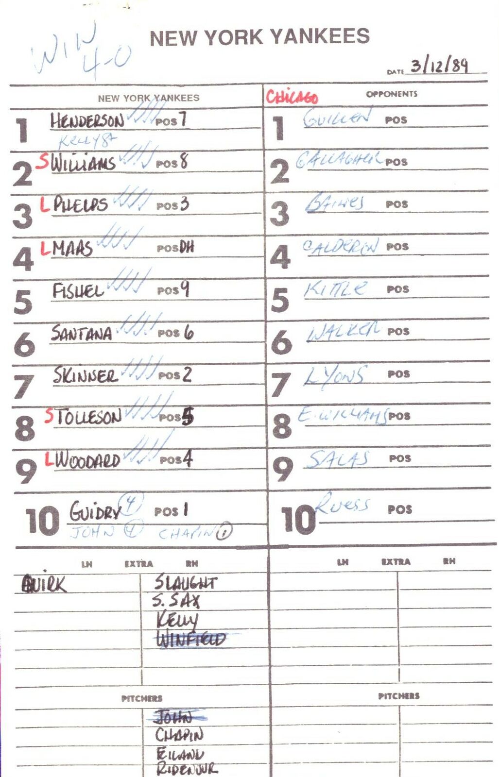 1989 New York Yankees Spring Training 5.5x8.5 Lineup Card vs.White Sox 151540