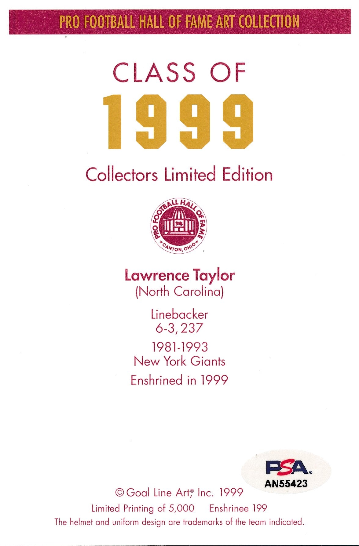 Lawrence Taylor Giants Signed 1999 GLAC/Goal Line Art Postcard PSA/DNA 186329