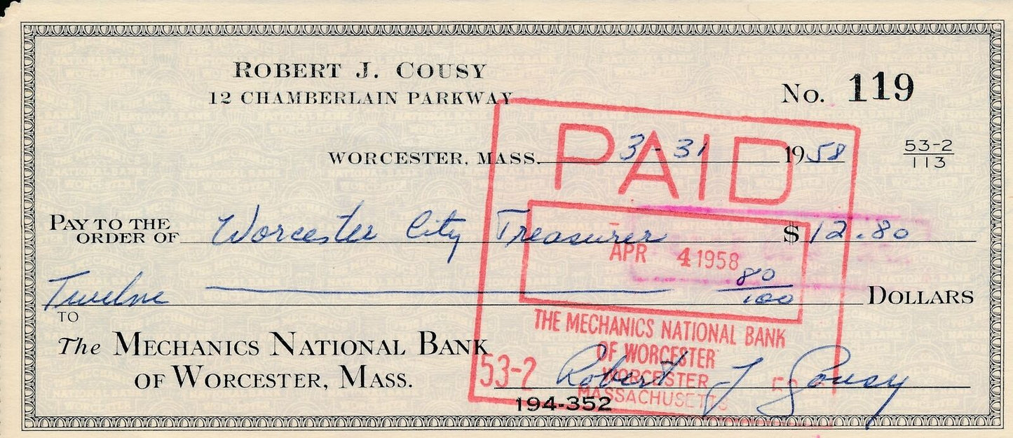 Bob Cousy HOF Boston Celtics Signed/Autographed 1958 Bank Check JSA 165562