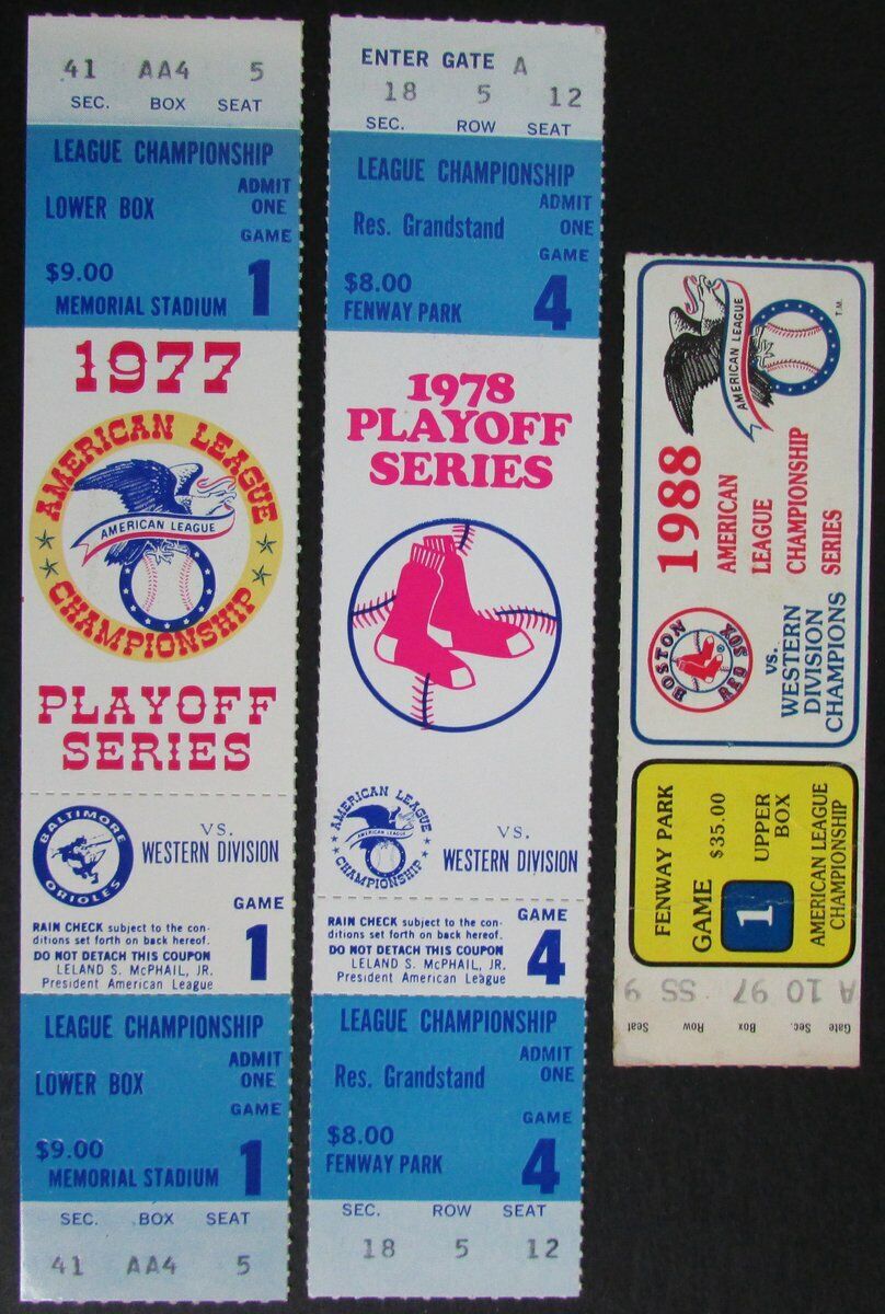 Lot of Three Red Sox/Orioles '77 '78 '88 Phantom ALCS Full Mint Tickets 145451