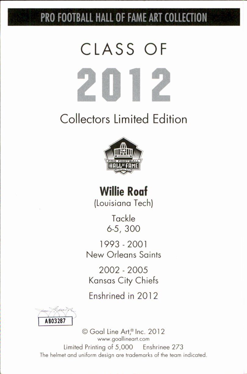 Willie Roaf HOF Saints Signed/Inscr Goal Line Art GLAC Postcard JSA 167177