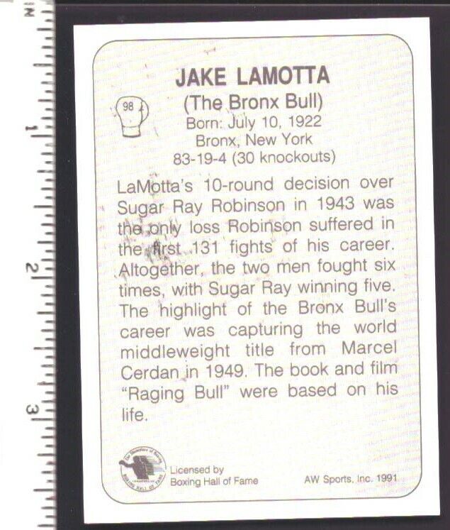 Jake Lamotta Boxer Signed/Autographed 1991 AW Sports Trading Card #98 151856