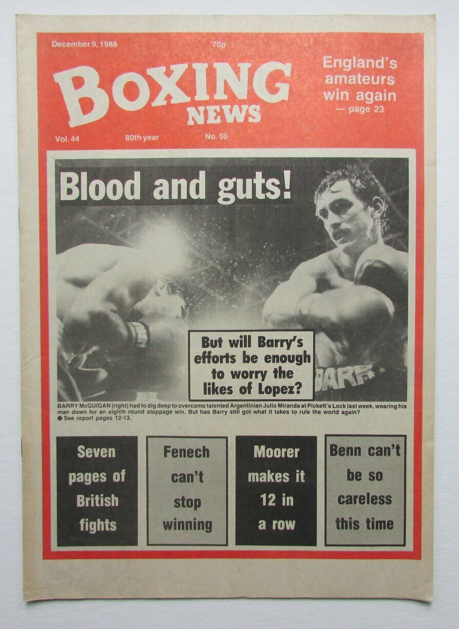 December 9, 1988 Boxing News Magazine Barry McGuigan vs. Julio Miranda