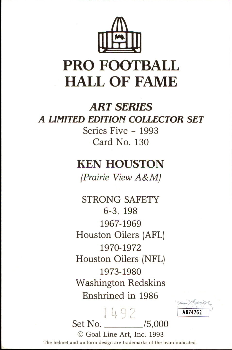 Ken Houston HOF Autographed/Inscr Goal Line Art GLAC Postcard Redskins JSA