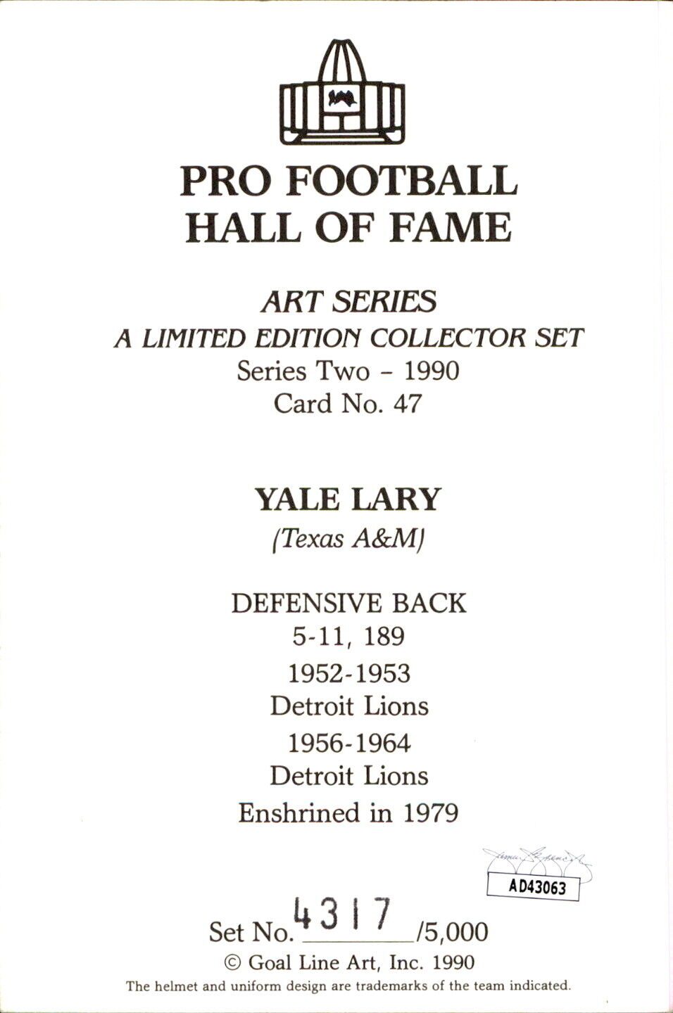 Yale Lary HOF Autographed Goal Line Art GLAC Postcard Detroit Lions JSA