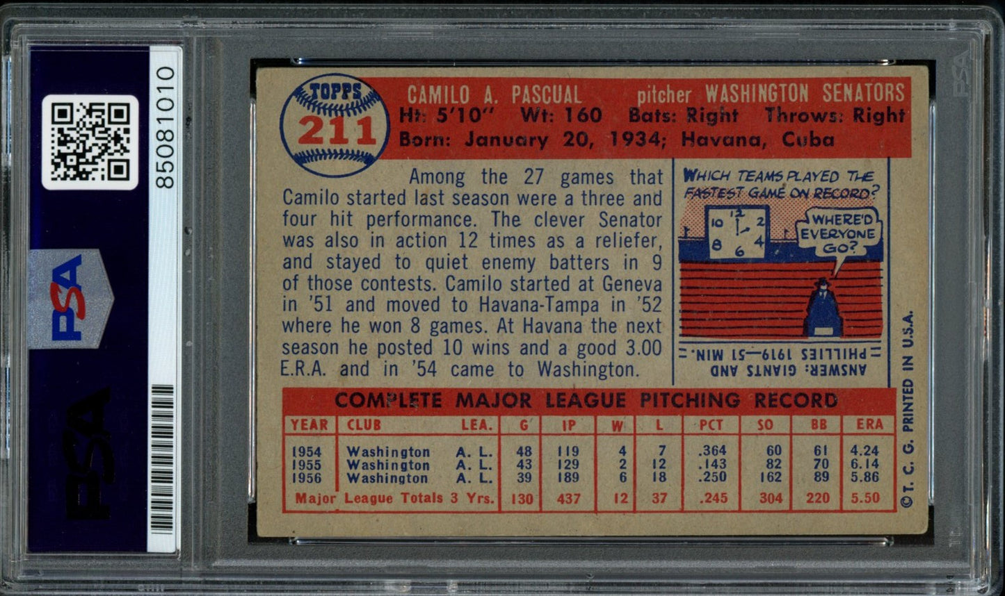 Camilo Pascual Autographed 1957 Topps Card #211 Senators PSA/DNA 184079