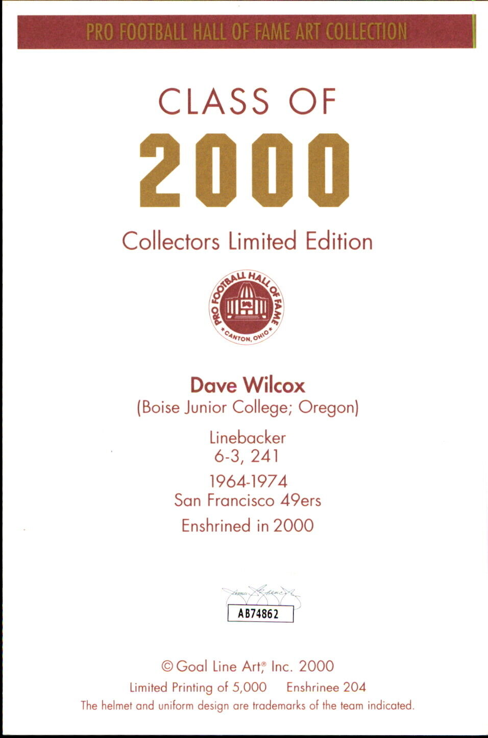 Dave Wilcox HOF Autographed/Inscribed Goal Line Art GLAC Postcard 49ers JSA