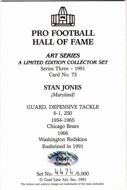 Stan Jones Autographed/Signed Chicago Bears Goal Line Art  Card HOF 91  130256