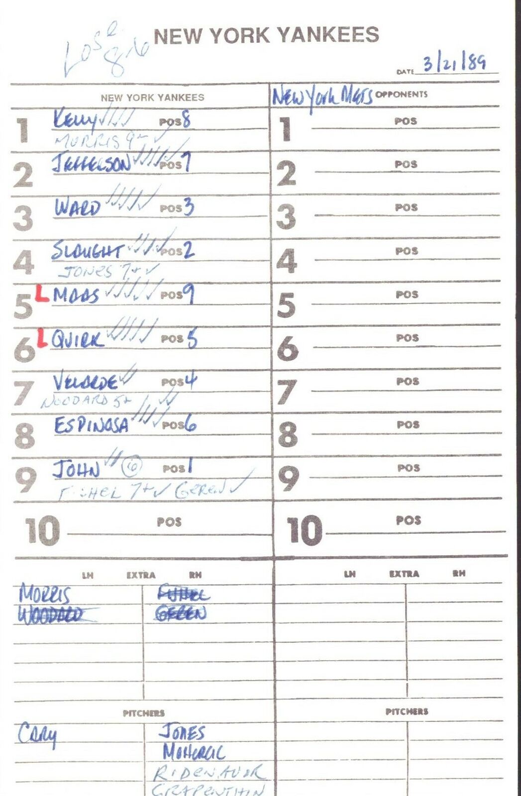 1989 New York Yankees Spring Training 5.5x8.5 Lineup Card vs.Mets 151523