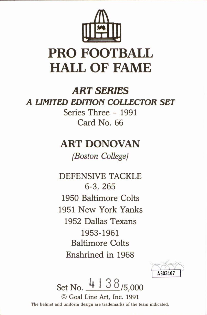 Art Donovan HOF Colts Signed/Inscr Goal Line Art GLAC Postcard JSA 167070
