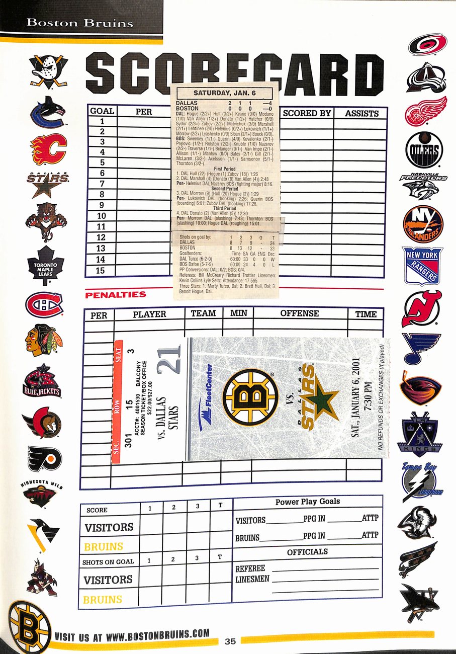 January 6 2001 Boston Bruins vs Dallas Stars Program + Ticket Stub 182028