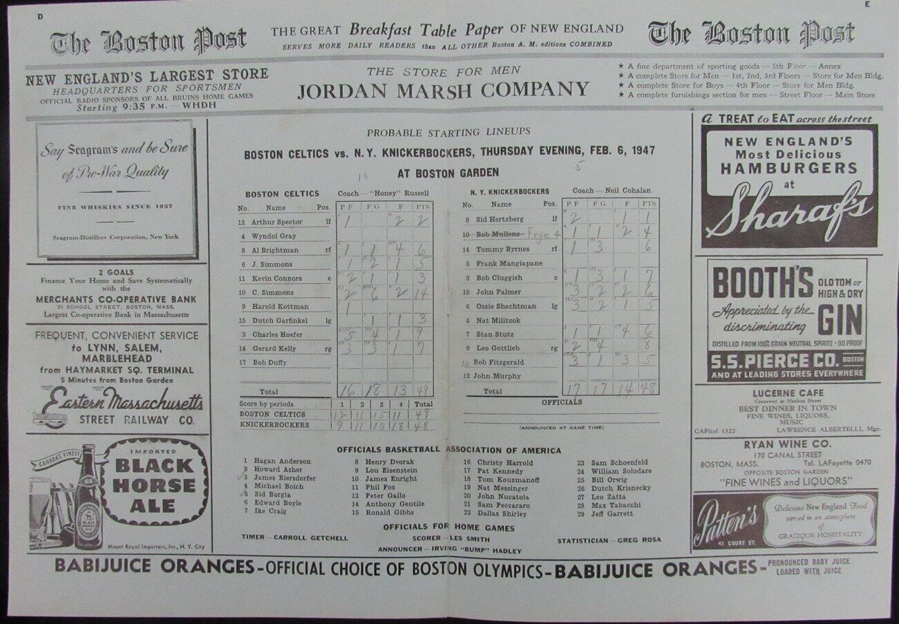 Vintage 1947 Boston Celtics vs. New York Knickerbockers Game Program 176886