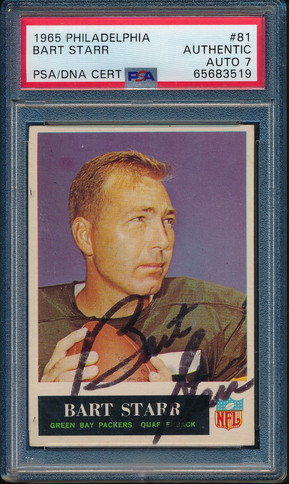 Bart Starr HOF Signed 1965 Philadelphia Card #81 Packers PSA/DNA Auto 7 188205