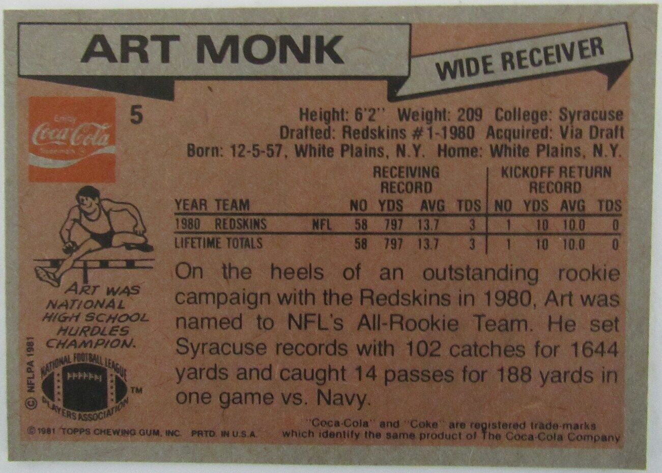 Lot of 36 Art Monk HOF 1981 TOPPS Coca-Cola Rookie New Mint/Mint Card #5 163798