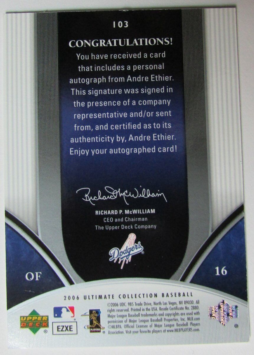 2006 Ultimate Coll. Andre Ethier Dodgers Auto Issue  #103 Serial #157/180 147472