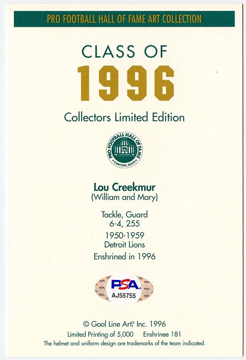 Lou Creekmur Signed/Auto Goal Line Art GLAC Postcard w/HOF Lions PSA/DNA 160036