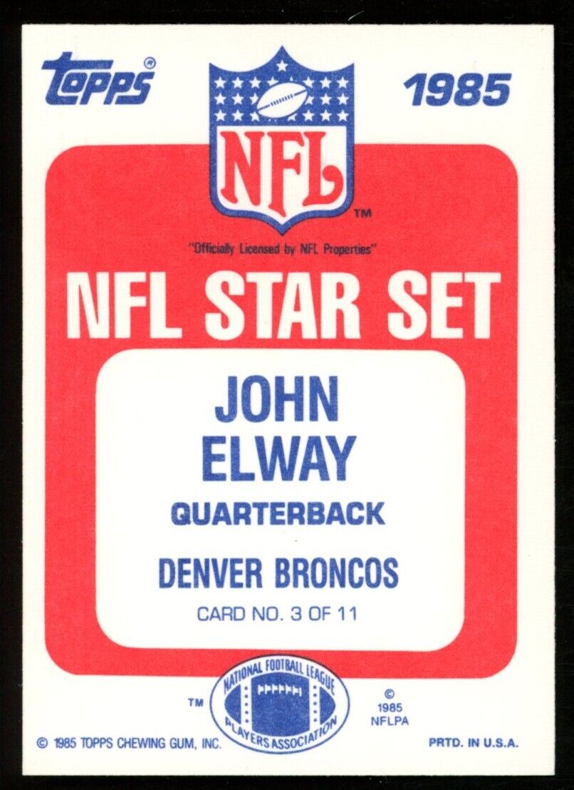 1985 Topps NFL Star Set John Elway HOF Card #3 of 11 Denver Broncos