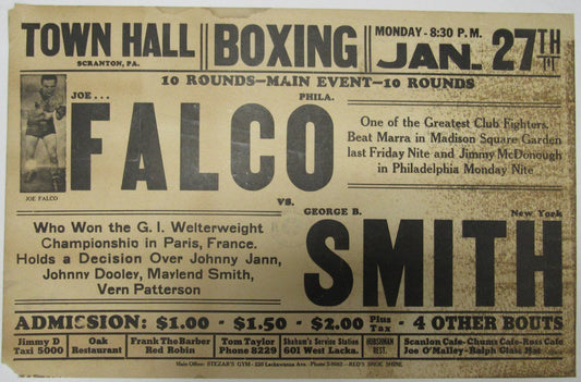 Joey Falco vs. George B. Smith  14x22 On Site Boxing Poster 1947 in Scranton, PA