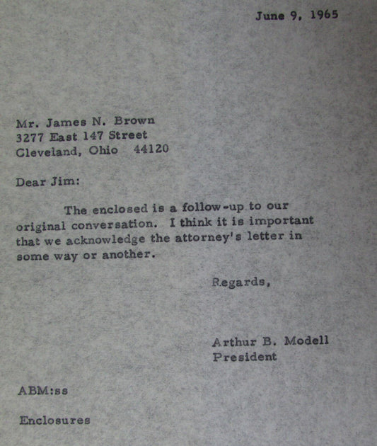 1965 Letters To and From Art Modell about Jim Brown Picture Lawsuit 145103