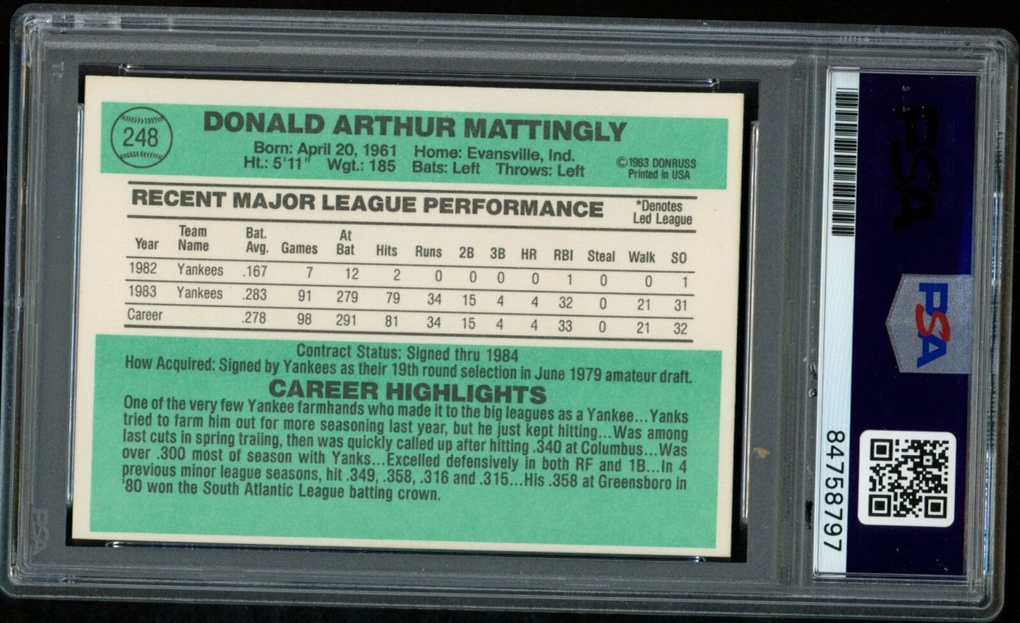 1984 DONRUSS Don Mattingly #248 Authentic Card Signed New York Yankees PSA/DNA