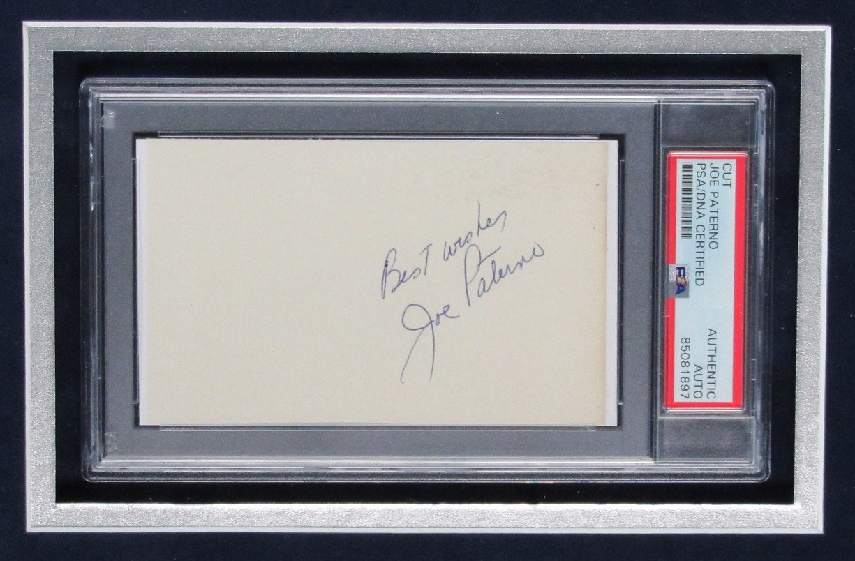 Joe Paterno Signed/Inscr Cut Card w/ Photo Penn State Framed PSA/DNA 187180