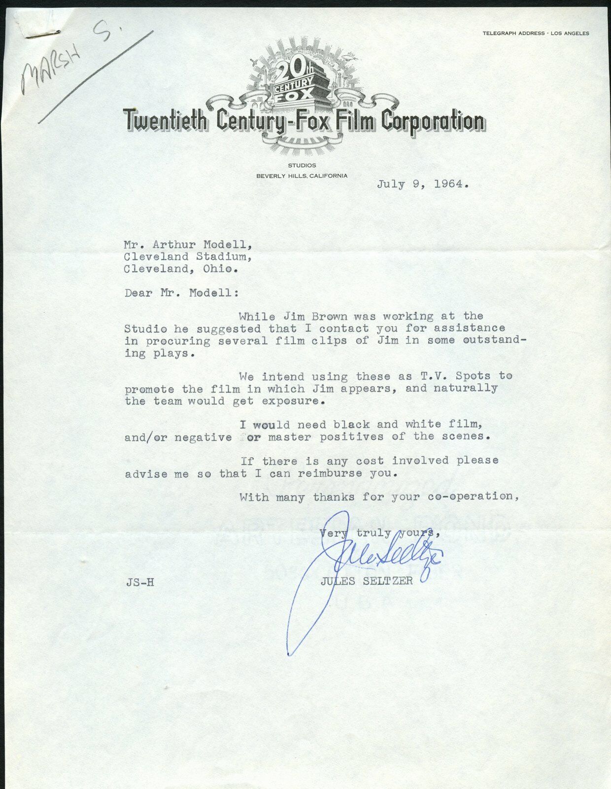 July 1964 letters(2)to and from Art Modell to 20th Century Fox  144993