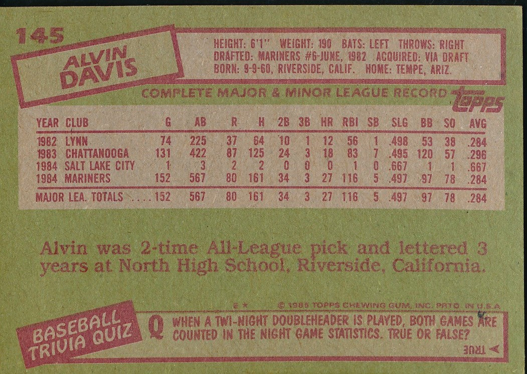 Alvin Davis Signed/Autographed 1985 Topps Card #145 Seattle Mariners 192301