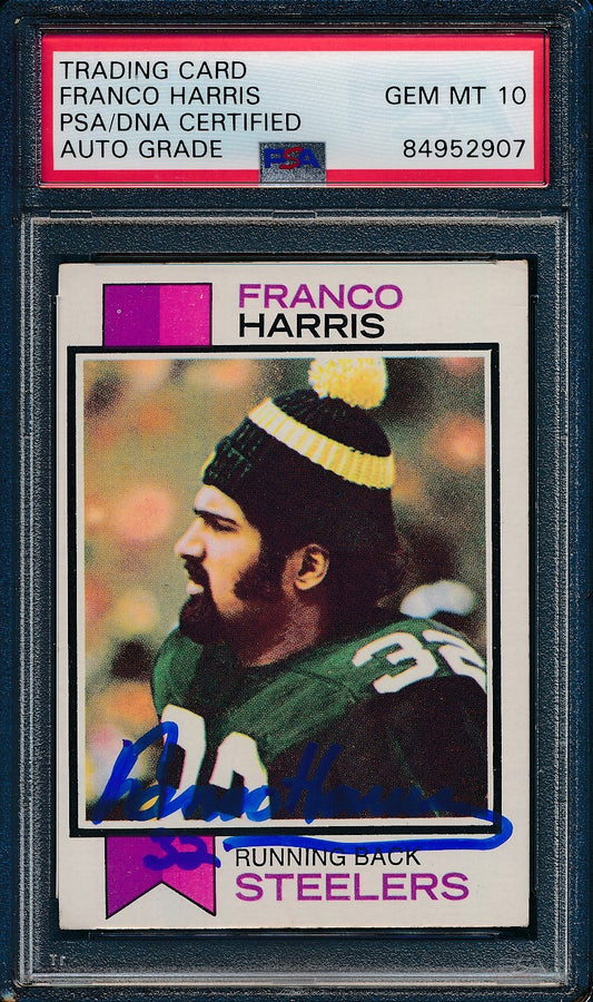 Franco Harris HOF Signed 1973 Topps Rookie Card #89 Steelers 4 PSA/DNA GEM MT 10