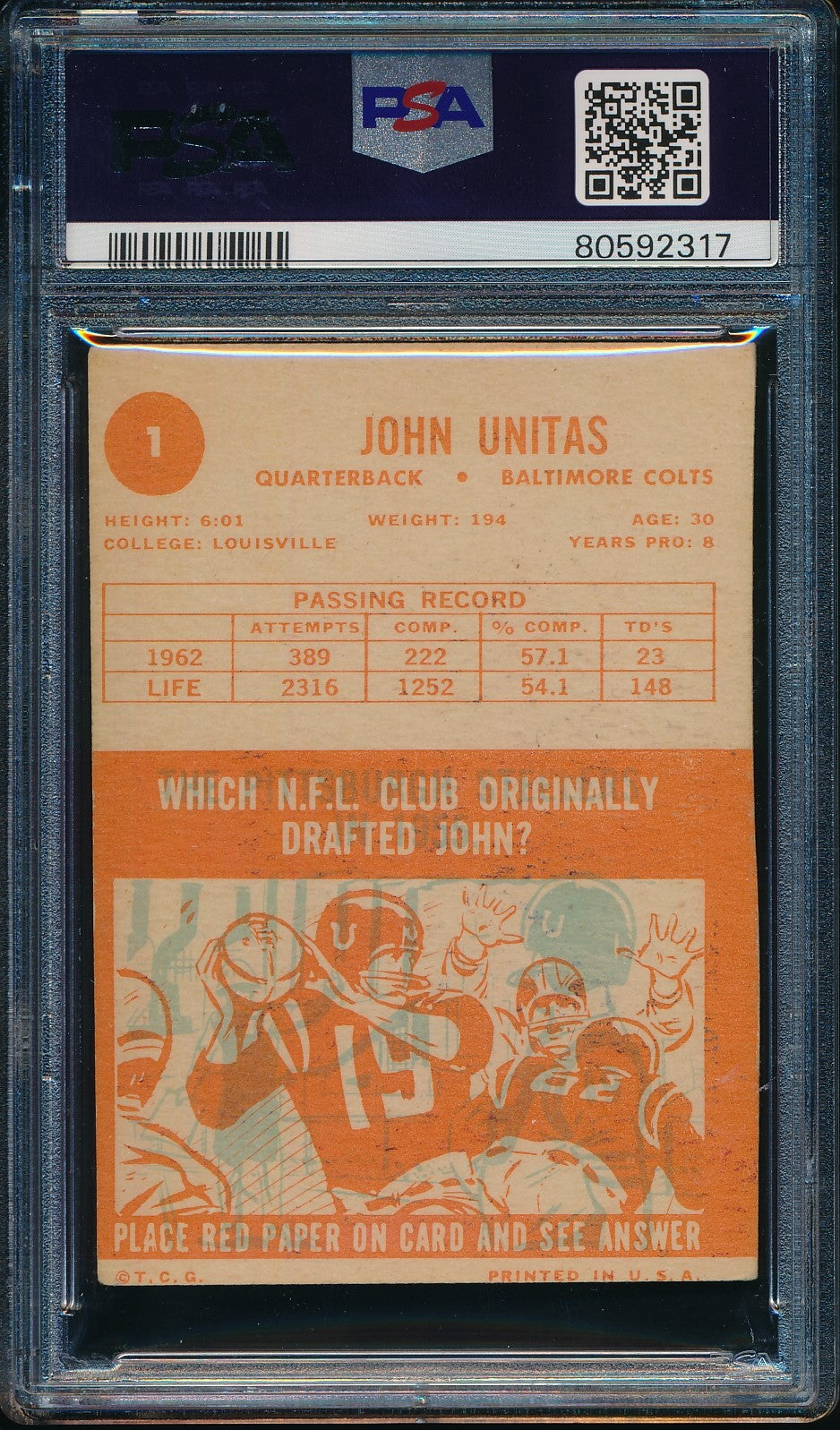 Johnny Unitas HOF Signed/Auto 1963 TOPPS Card #1 Baltimore Colts PSA/DNA 186486