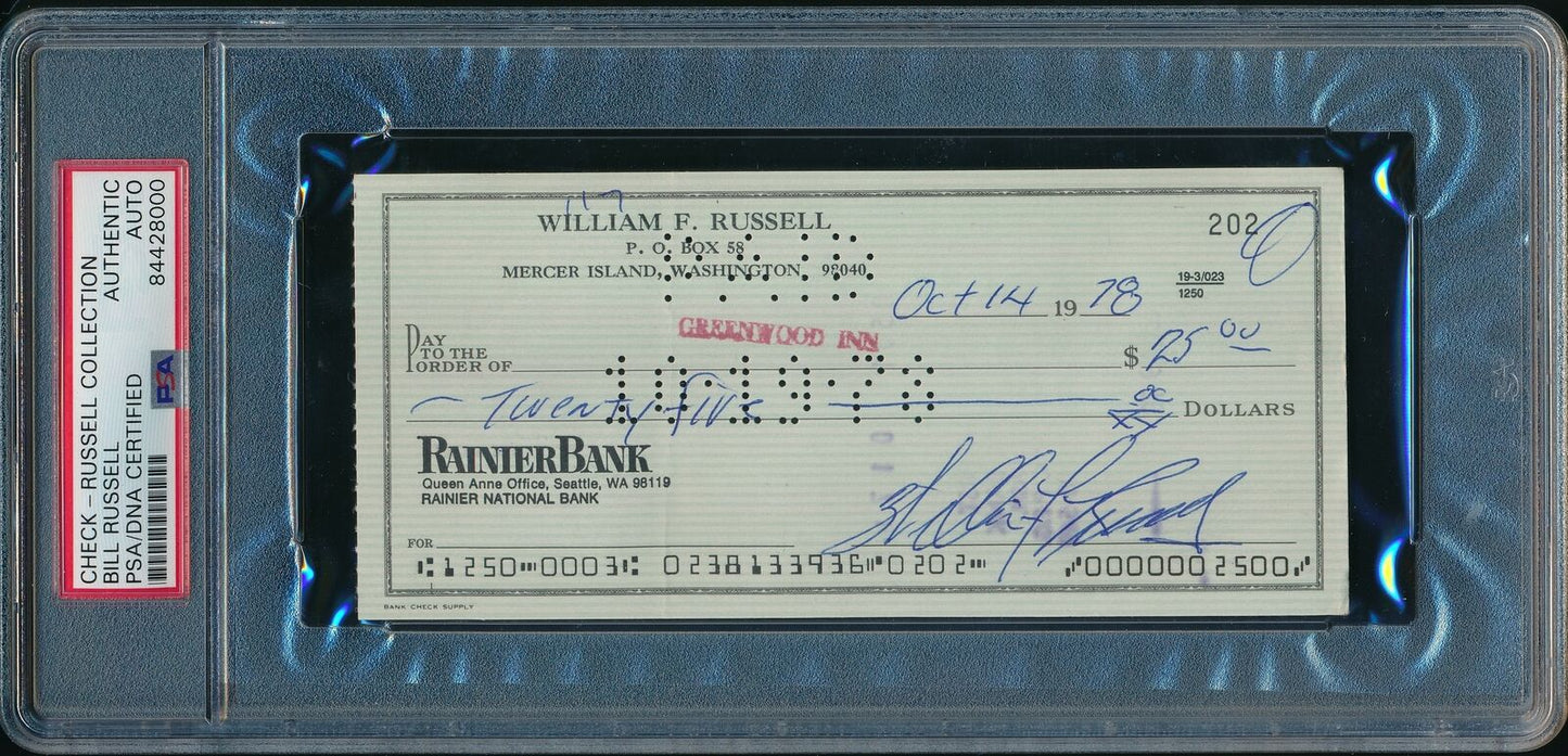 Bill Russell HOF Autographed/Signed 1978 Bank Check Boston Celtics PSA/DNA