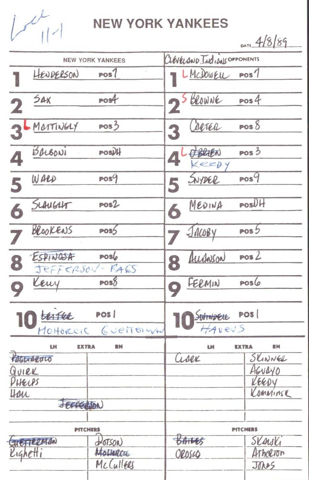 1989 New York Yankees Spring Training 5.5x8.5 Lineup Card vs Indians 151543