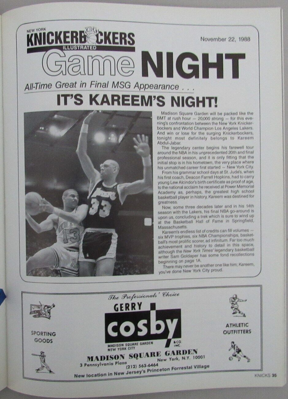 November 22, 1988 Kareem Abdul-Jabbar Night Lakers vs. Knicks Tribute Program