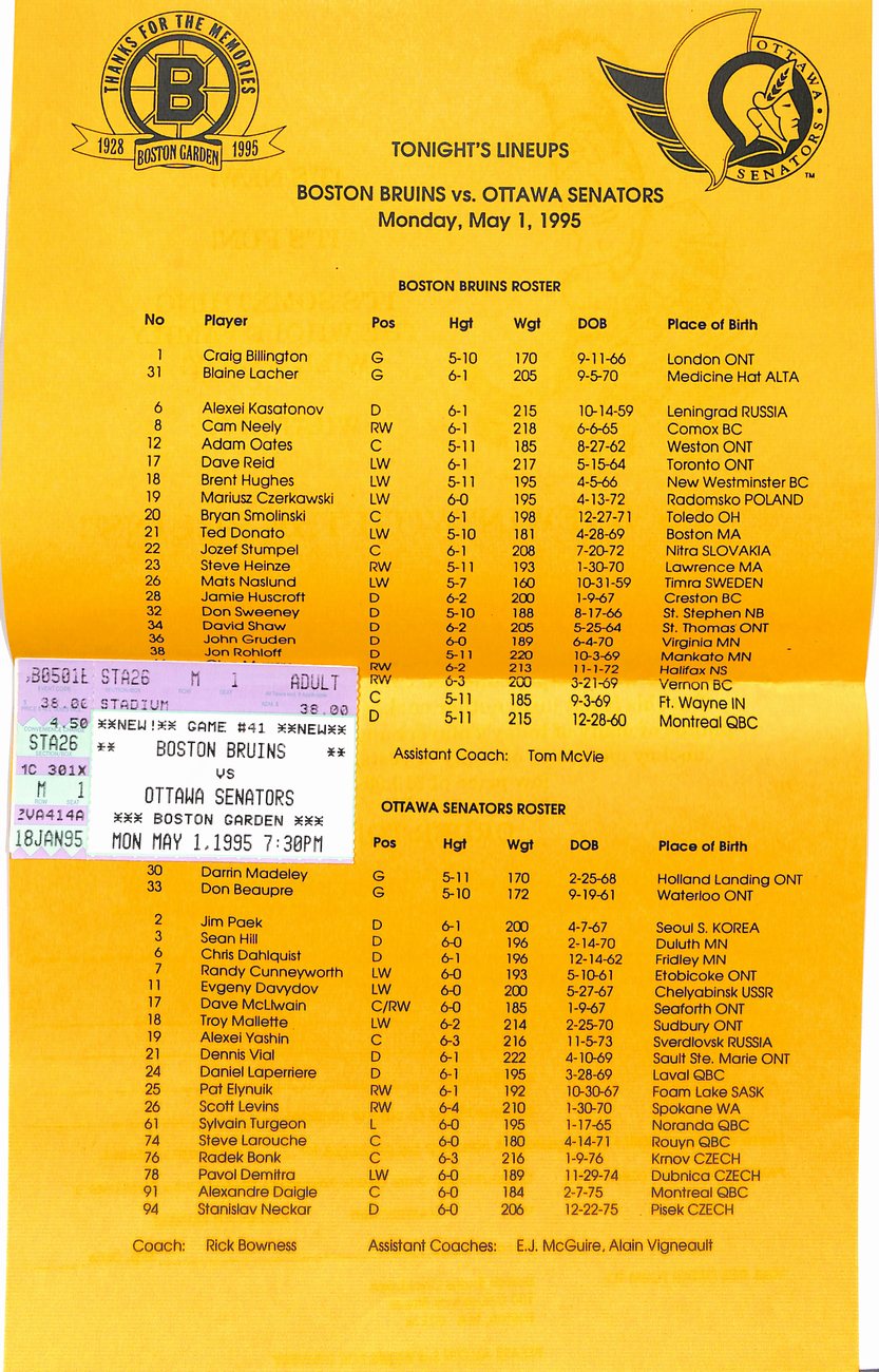 May 1st, 1995 Boston Bruins vs. Ottawa Senators  Program + Ticket Stub  181767