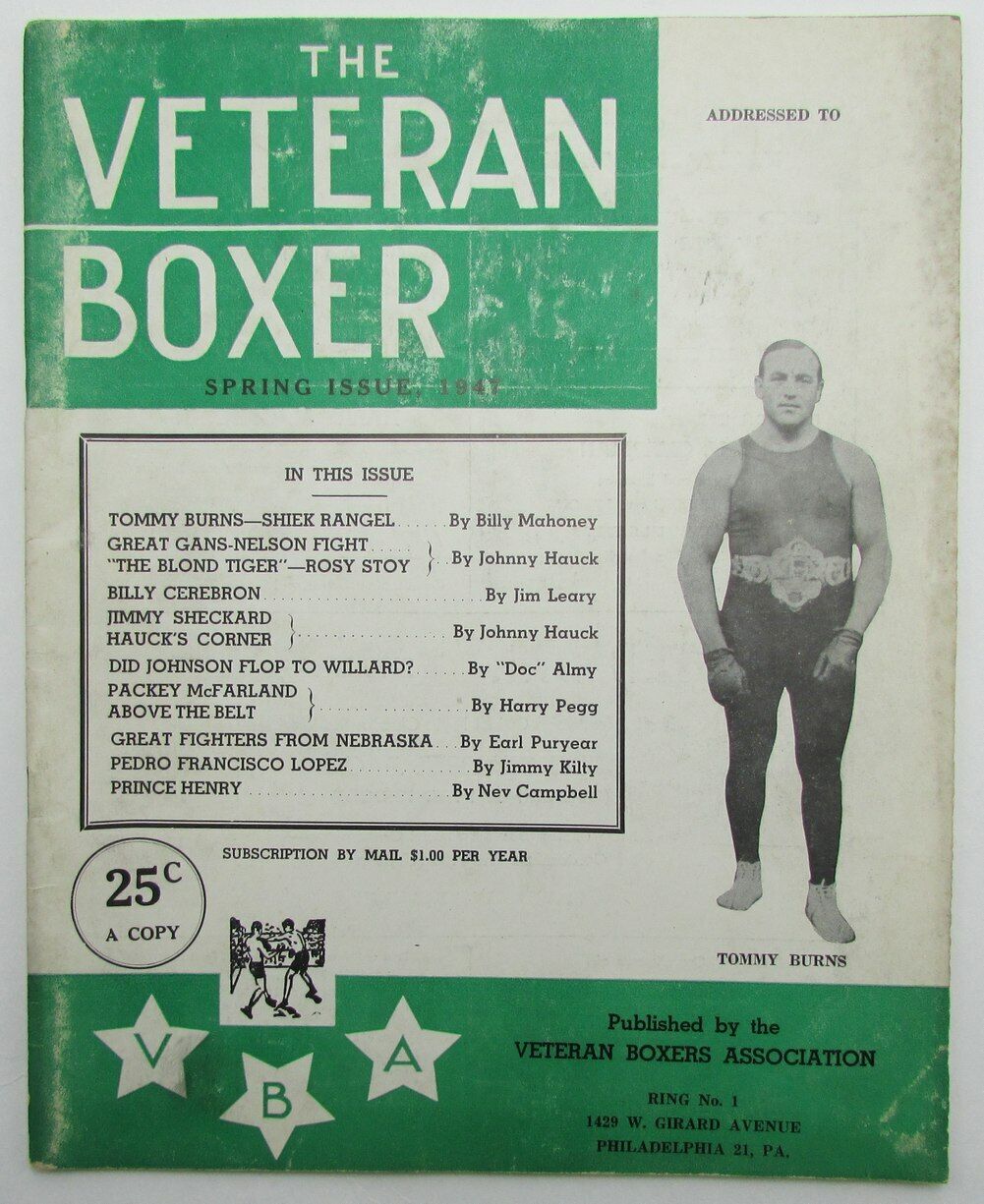 Spring 1947 Vintage The Veteran Boxer Magazine Tommy Burns on Cover 167678