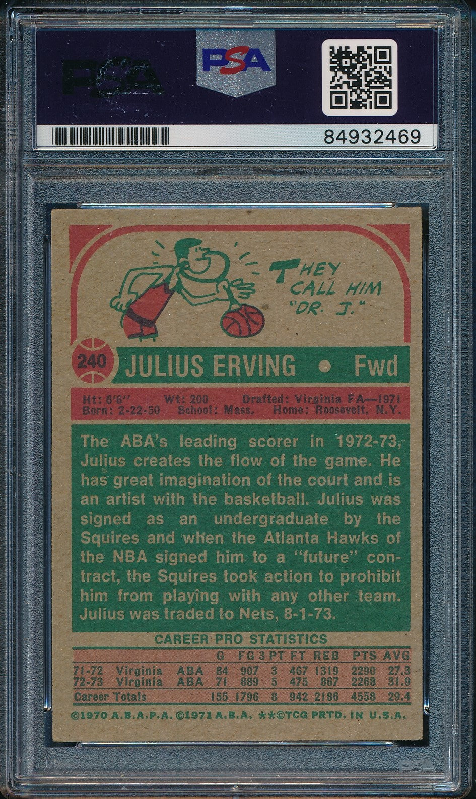 1973-74 Topps #240 Signed/Auto Julius Dr. J Erving HOF 76ers PSA/DNA