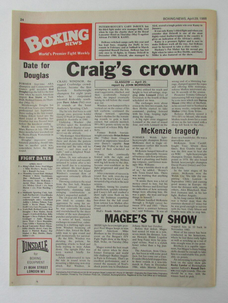 April 29, 1988 Boxing News Magazine Barry McGuigan