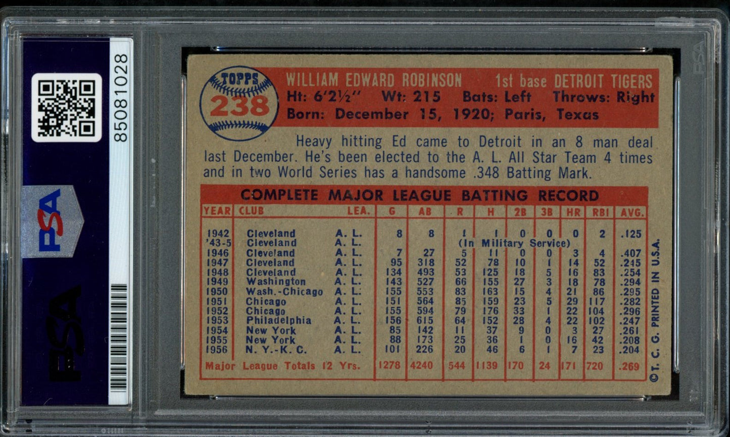 Eddie Robinson Signed 1957 Topps Card #238 Detroit Tigers PSA/DNA 184186