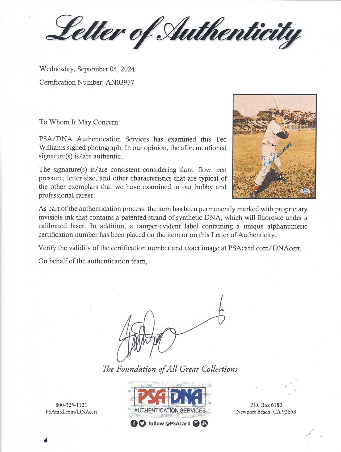 Ted Williams HOF Signed/Auto 8x10 Photo Boston Red Sox PSA/DNA 191863