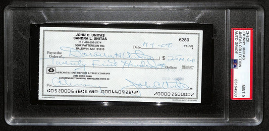 Johnny Unitas HOF Signed/Autographed 2000 Bank Check Colts PSA/DNA MINT 9 189590