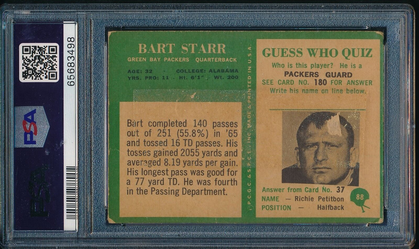 1966 Philadelphia Bart Starr HOF #88 Authentic Card Green Bay Packers 176935