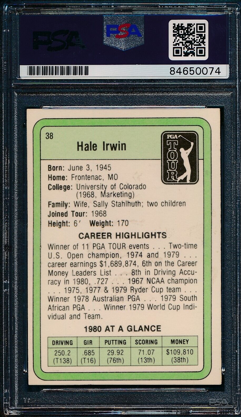 1981 DONRUSS PGA Hale Irvin #38 Authentic Card Signed PSA/DNA