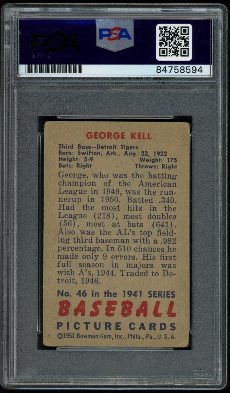 1951 Bowman George Kell HOF #46 Authentic Card Signed Detroit Tigers PSA/DNA