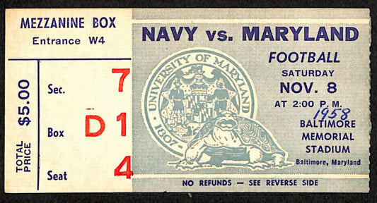 November 8, 1958 Navy vs. Maryland Crab Classic Football Game Ticket Stub 190216